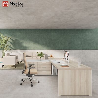 Myidea Solid Wood L-Shaped Executive Desk with Sub Cabinet and Aluminum Alloy Edge-covered Feet for Office Building