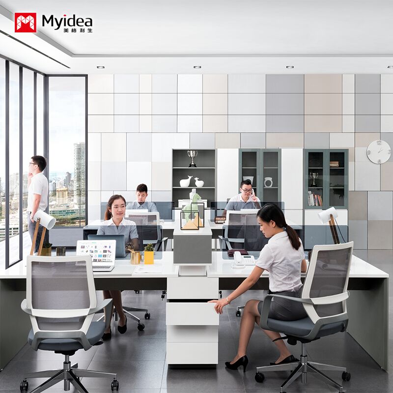 4-person staff desk with storage drawers, white glossy painted office desk