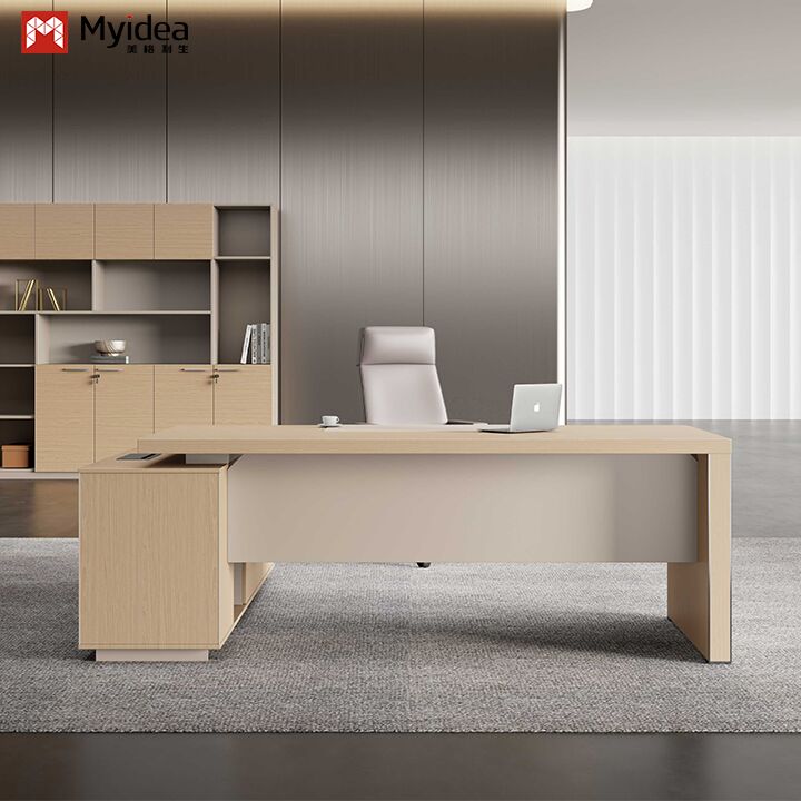 Myidea Solid Wood L-Shaped Executive Desk with Sub Cabinet and Aluminum Alloy Edge-covered Feet for Office Building