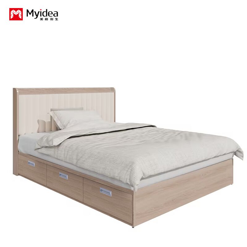 Modern Mnimalist Multfunctional Bed with Drawer Cabinet, Cream Wind Leather Art Bed, Small-sized Three Drawer Double Bed