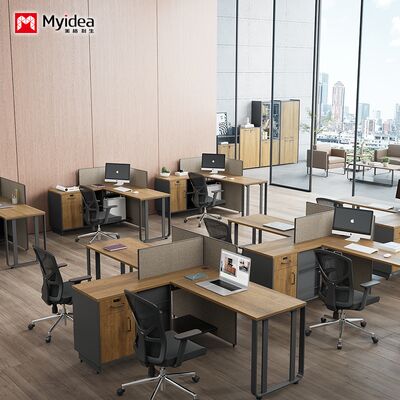 स्टील के पैर के भंडारण के लिए साइड कैबिनेट के साथ दो व्यक्ति कार्यालय डेस्क, मेलामाइन बोर्ड सामग्री से बना स्टाफ डेस्क