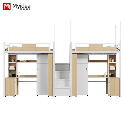 बिस्तर और मेज, बड़ी भंडारण क्षमता, मोटा काउंटरटॉप, गोल कीलें, भंडारण के लिए सील किए गए किनारे, सीढ़ियाँ, और ऊँची गार्डरेल